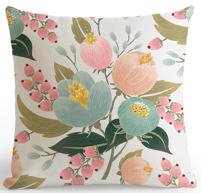 American Style Small Fresh Flower Cushion Pastoral Garden Flowers Bird Garland Leaf Pillow Rose Peony Watercolor For Home Decor-A8-45x45cm Just Cover-JadeMoghul Inc.
