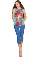 Amour Emily Blue Floral Print Sleeveless Dressy Top - Women-Amour-XS-Blue/Red-JadeMoghul Inc.