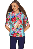 Amour Sophia Floral Print Elbow Sleeve Dressy Top - Women-Amour-XS-Blue/Red-JadeMoghul Inc.