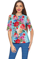 Amour Sophia Floral Print Elbow Sleeve Dressy Top - Women-Amour-XS-Blue/Red-JadeMoghul Inc.