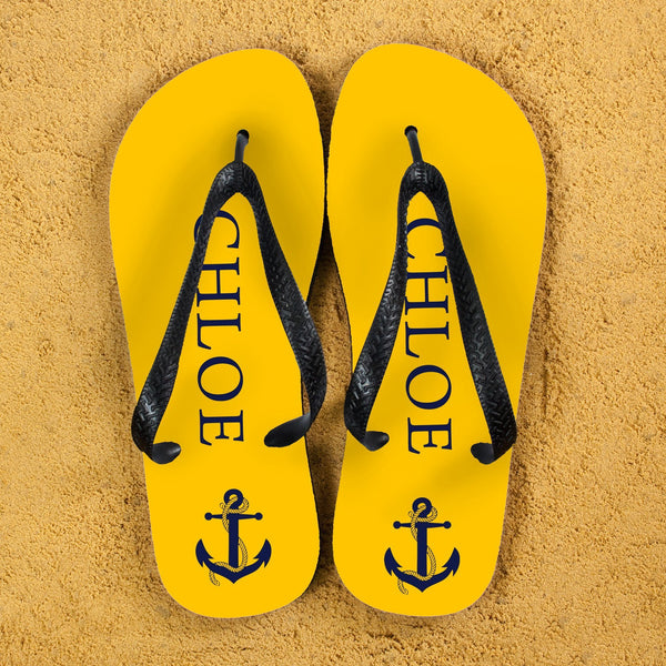 Anchor style Personalised Flip Flops in Yellow and Blue