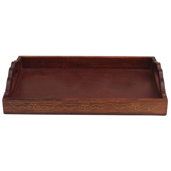 Antique Handmade Wooden Serving Tray With Brass Work, Brown-Decorative Trays-Brown-Wood-JadeMoghul Inc.