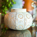 Antique White Metal Filigree Candle Holder with Glass Chimney Small White (Pack of 1)-Wedding Reception Decorations-JadeMoghul Inc.