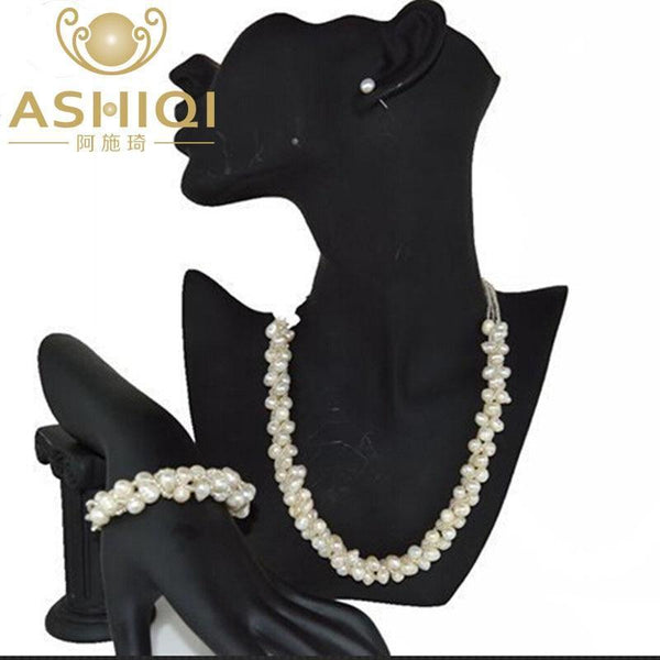 ASHIQI 100% Freshwater pearl Necklace /bracelet /stud Earring Jewelry Sets For Women-White-45cm-JadeMoghul Inc.
