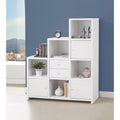 Asymmetrical Bookcase with Cube Storage Compartments, White-Book Cases-White-Wood-JadeMoghul Inc.