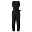 Baby Clothing Plain Color Lace Decor V Neck Sleeveless Sash Jumpsuits TIY