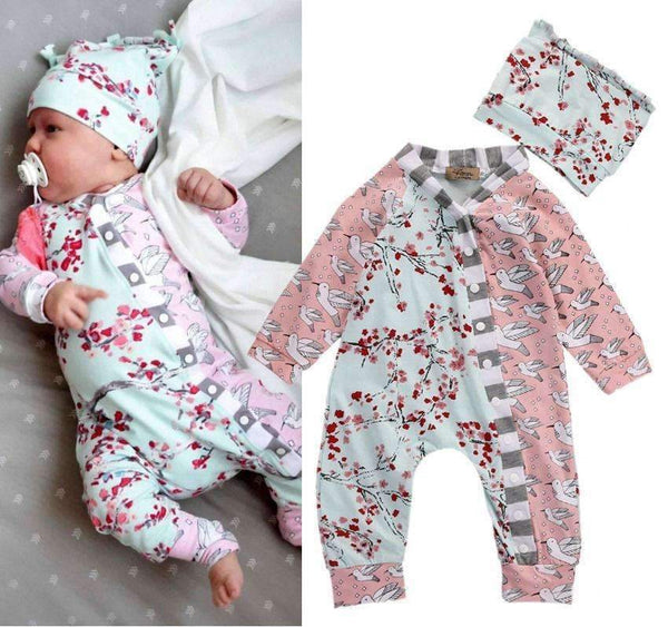 Baby Girl Floral Print Romper And Hat Set-Multi-4-6 months-JadeMoghul Inc.