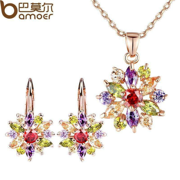 BAMOER Luxury Gold Color Flower Jewelry Sets For Women Wedding with Colorful AAA Cubic Zircon-Silver-JadeMoghul Inc.