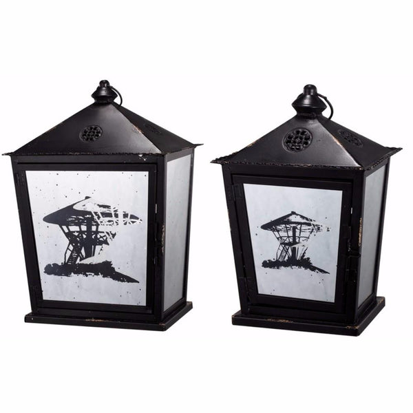 Beautifully shaped Metal Candle Lanterns, Set of Two, Black-Lanterns-Black-METAL GLASS-JadeMoghul Inc.