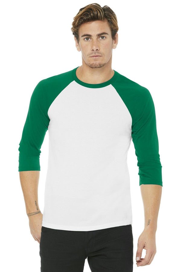 BELLA+CANVAS Unisex 3/4-Sleeve Baseball Tee. BC3200-T-shirts-White/ Kelly-XS-JadeMoghul Inc.