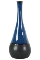 Bellied Stoneware Vase With Black Banded Rim, Large, Glossy Blue-Home Accent-Blue And Black-Stoneware-JadeMoghul Inc.