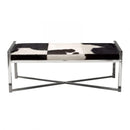 Benches Rectangular Steel Frame Bench with Hair On Hide Fabric Upholstered Seat, Multicolor Benzara