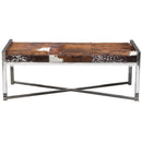 Benches Steel Frame Bench with Hair On Hide Fabric Upholstered Seat, Multicolor Benzara