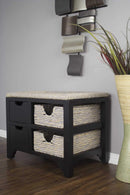 Benches Wooden Bench - 25" X 17" X 20" Black W/ Gray Sea Grass Wood, MDF, Water Hyacinth Bench with Hyacinth Baskets and a Seagrass Top HomeRoots
