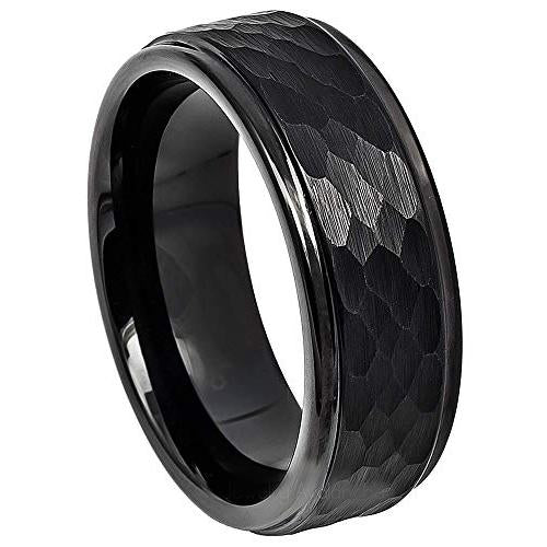 Black Engagement Rings Black Tungsten Carbide Hammered Step Ring