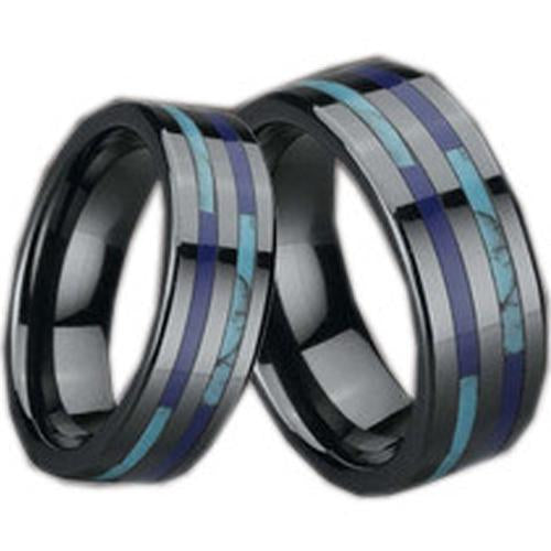 Black Engagement Rings Black Tungsten Carbide Flat Ring With Double Turquoise