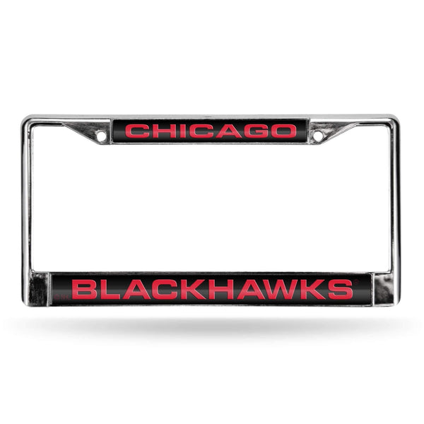 BLACKHAWKS ® LASER CHROME FRAME - BLACK BACKGROUND WITH RED LETTERS-FCL Chrome Laser License Frame-JadeMoghul Inc.