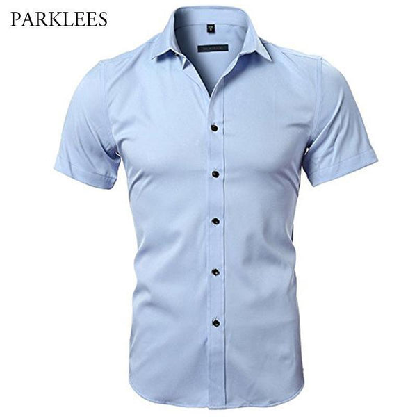 Blue Bamboo Fiber Shirt Men 2018 Summer Short Sleeve Mens Dress Shirts Casual Slim Fit Easy Care Solid Non Iron Chemise Homme-white-Asian S-JadeMoghul Inc.