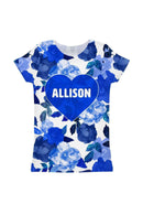 Blue Blood Customized NAME Zoe Heart Floral Tee - Girls-Blue Blood-18M/2-Blue/White-JadeMoghul Inc.