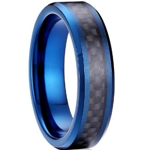 Black Engagement Rings Blue Tungsten Carbide Ring With Black Carbon Fiber