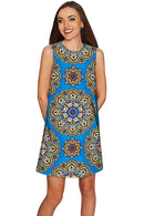 Boho Chic Adele Blue Geometric Pattern Shift Dress - Women-Boho Chic-XS-Blue/Gold-JadeMoghul Inc.