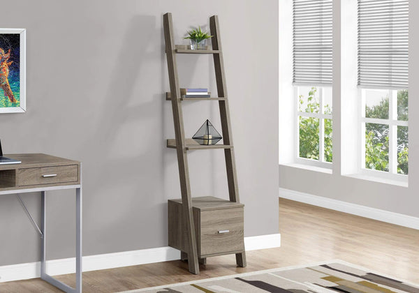 Bookshelves Modern Bookshelf - 69" Dark Taupe Particle Board Ladder Bookcase with a Storage Drawer HomeRoots