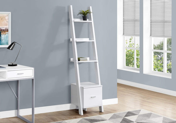 Bookshelves White Bookshelf - 69" White Particle Board Ladder Bookcase with a Storage Drawer HomeRoots