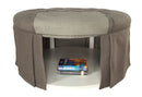 Button Tufted Fabric Upholstered Ottoman With Open Bottom Shelf, Gray-Ottoman-Gray-Fabric and Wood-JadeMoghul Inc.