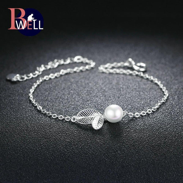 Bwell New 100% Real 925 Sterling Silver Leaves With Texture Pearl Charm Bracelet Fine Jewelry For Women Romantic Gift BWHY017--JadeMoghul Inc.