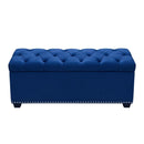 Cabinet and Storage Chests Velvet Upholstered Button Tufted Trunk with Lift Top Storage and Nail head Accent Trim, Blue Benzara