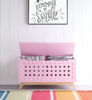 Wooden Youth Chest with Lift Top Storage and Geometric Pattern Front Panel, Pink and Brown