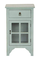 Cabinets Corner Cabinet - 18" X 13" X 30" Aqua MDF, Wood, Clear Glass Accent Cabinet with a Drawer and Door and Paned Inserts HomeRoots