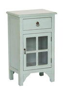 Cabinets Corner Cabinet - 18" X 13" X 30" Aqua MDF, Wood, Clear Glass Accent Cabinet with a Drawer and Door and Paned Inserts HomeRoots