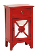 Cabinets Corner Cabinet - 18" X 13" X 30" Red MDF, Wood, Mirrored Glass Accent Cabinet with a Drawer and Door and Trellis Inserts HomeRoots