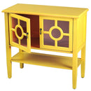 Cabinets Glass Door Cabinet - 32" X 14" X 30" Yellow MDF, Wood, Clear Glass Console Cabinet with Doors and Shelf and Lattice Inserts HomeRoots
