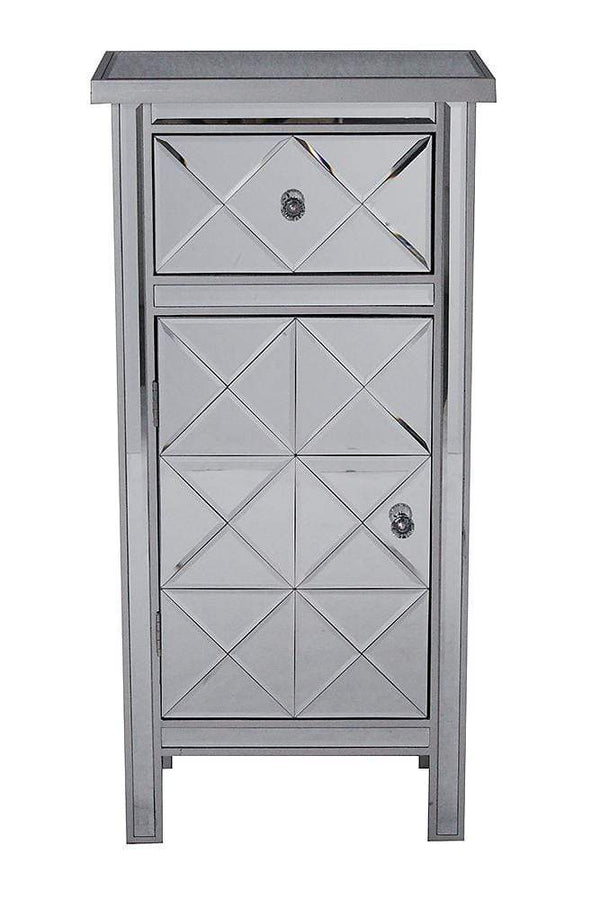 Cabinets Kitchen Cabinets - 20" X 13" X 39'.76" Silver MDF, Wood, Mirrored Glass Tall Accent Cabinet with Beveled Mirror Drawer and Door HomeRoots