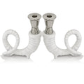 Candle Holders Tall Candle Holders - 3" x 6.5" x 7.5" Shiny Nickel/White - Candleholders Pair HomeRoots