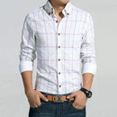 Casual Slim Fit Plaid Long Sleeve Shirt-White-M-JadeMoghul Inc.