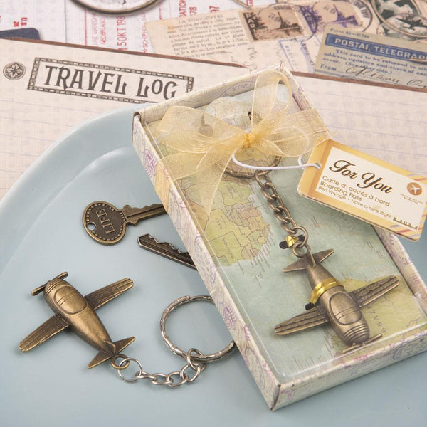 Celebration Party Supplies Vintage airplane design all metal key chain in antique brass color finish Fashioncraft