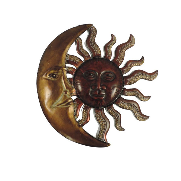 Celestial Sun and Moon Wall Decor In Metal, Gold and Rust Brown-Wall Sculptures-Gold and Brown-Metal-JadeMoghul Inc.