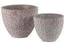 Cement Round Embossed Concentric Circle Design Pot, Set of 2, Vermillion-Home Accent-Red-Cement-Washed Finish-JadeMoghul Inc.