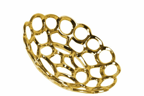 Ceramic Concave Tray With Perforated and Chain-link Pattern, Small, Chrome Gold-Trays-Gold-Ceramic-Glossy Chrome-JadeMoghul Inc.