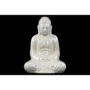 Ceramic Meditating Buddha Figurine With Rounded Ushnisha, White-Home Accent-White-Ceramic-Gloss Finish-JadeMoghul Inc.