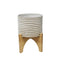 Ceramic Planter on Wooden Stand with Ribbed Design, White and Brown