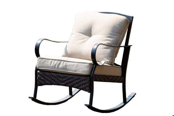 Chairs Modern Lounge Chair - 25" X 33" X 34" Black Steel Patio Rocking Chair with Beige Cushions HomeRoots