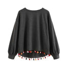 Colorful Tassel Trim Dip Hem Pullover Casual Sweatshirt-Dark Grey-S-JadeMoghul Inc.