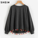 Colorful Tassel Trim Dip Hem Pullover Casual Sweatshirt-Dark Grey-S-JadeMoghul Inc.