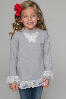 Comfy Lace Trim Top - Girls-Girls Long Sleeve Casual Tops-2-Heather-JadeMoghul Inc.