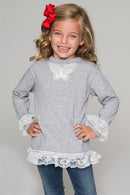 Comfy Lace Trim Top - Girls-Girls Long Sleeve Casual Tops-2-Heather-JadeMoghul Inc.