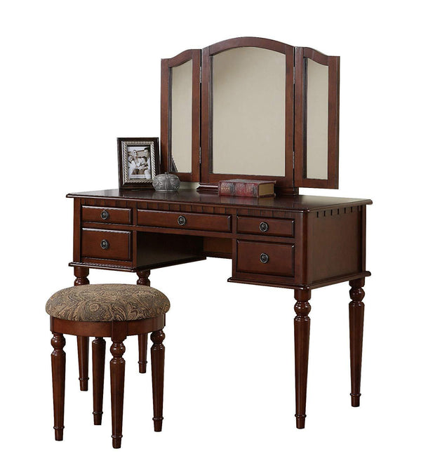 Commodious Vanity Set Featuring Stool And Mirror Cherry Brown-Bedroom Furniture Sets-Brown-Rubber WoodMDF / Birch Veneer-JadeMoghul Inc.